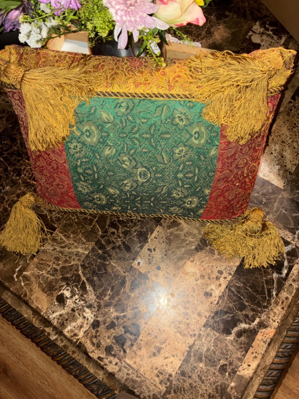 Decorative Teal and Red Tassel Accent Pillow - Home Accents